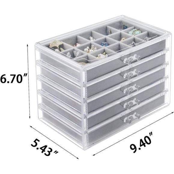 Jewelry Box with 5 Drawers, Clear Earring Storage Organizer Display Case - Picture 4 of 6